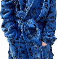 Merkloos Kinderbadjas Game – Blauwe Badjas Jongens - Fleece – Game Badjas - Tiener - Cadeau - Maat 164