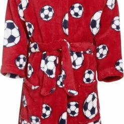 Playshoes - Fleece Badjas Met Capuchon - Voetbal Rood - Maat 146-152cm