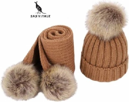 San Vitale® - Kindermuts En Sjaal - Winter Set - Wintermuts - Pompom - Camel 3 San Vitale® - Kindermuts En Sjaal - Winter Set - Wintermuts - Pompom - Camel