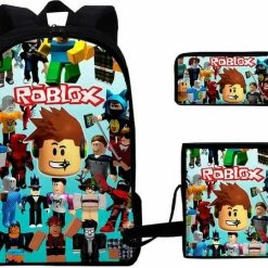 Gift Land® Roblox Rugzak- Kinder Rugtas En Pennen Etui Met Een Bijhorende Lunchtas - Blauw Schooltas - 16 Liter - 3 Ritsvakken