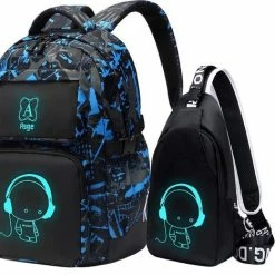 Rugzak Voor Jongens Met Kleine Tasje - Zwart Met Print - Voor Lapotop - Middelbare School Schooltas