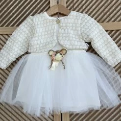 Merkloos Luxe Feestjurk-bruidsjurk-doopjurk-doopkleding-bruidsmeisjes-doopsel-bruiloft-verjaardag-fotoshoot-tule Jurk Met Jasje-baby Jurk-tweedelige Set-effen Katoenen Jurk Met Steentjes- Wit Ivoor Kleur - Goudkleur-glitter- Maat 86 - 18 Tem 24 Maanden -Nike winkel 550x514 2