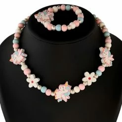 Fako Bijoux® - Kinderketting En Armband - Hout - Eenhoorn & Bloemetjes Pastel - Sinterklaas & Kerst