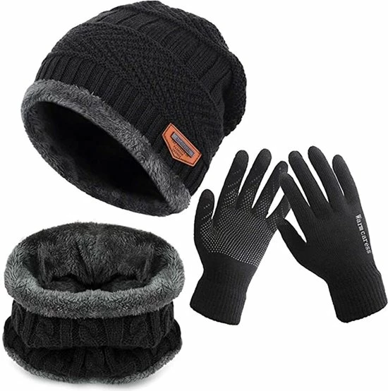 Geweo Hoed Colsjaal Handschoenen Set - Mutsen - Sjaal - Handschoenen - Gebreide Baggy Warme Muts - Wintermuts Gevoerd Wol - Unisex - Kerst Geschenk - Zwart - Kerstmis - Kerstfeest - Christmas Gift 3 Geweo Hoed Colsjaal Handschoenen Set - Mutsen - Sjaal - Handschoenen - Gebreide Baggy Warme Muts - Wintermuts Gevoerd Wol - Unisex - Kerst Geschenk - Zwart - Kerstmis - Kerstfeest - Christmas Gift