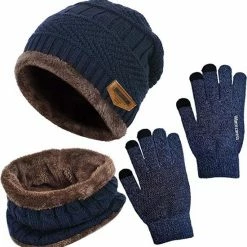 Geweo Hoed Colsjaal Handschoenen Set - Mutsen - Sjaal - Handschoenen - Gebreide Baggy Warme Muts - Wintermuts Gevoerd Wol - Unisex - Kerst Geschenk - Blauw - Kerstmis - Kerstfeest - Christmas Gift