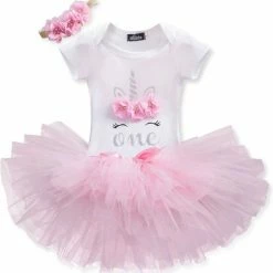 NNJXD 3 In 1 Set Cakesmash Outfit Meisje - Eerste Verjaardag Eenhoorn Jurk Set - Babykleding - Roze Unicorn - 1 Jaar
