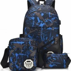 Merkloos 3-delige Rugzak Set - Camouflage Blauw - Schooltas - Rugzak Kind - Back To School - Rugtas & Schoudertas & Etui