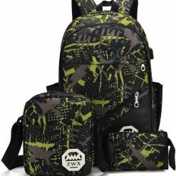 Merkloos 3-delige Rugzak Set - Camouflage Groen - Schooltas - Rugzak Kind - Back To School - Rugtas & Schoudertas & Etui