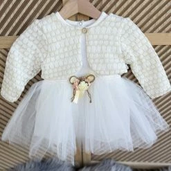 Merkloos Luxe Feestjurk-bruidsjurk-doopjurk-doopkleding-bruidsmeisjes-doopsel-bruiloft-verjaardag-fotoshoot-tule Jurk Met Jasje-baby Jurk-tweedelige Set-effen Katoenen Jurk Met Steentjes- Wit Ivoor Kleur - Goudkleur-glitter- Maat 86 - 18 Tem 24 Maanden -Nike winkel 550x585 1