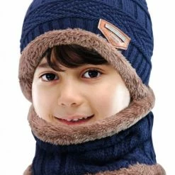 AA Commerce Luxe Gebreide Kinder Beanie Muts Met Sjaal Set - Bonnet Winter Muts Met Colsjaal Nekwarmer - Halswarmer Wintermuts Gevoerd Wol - Balaclava Bivakmuts Met Nek Warmer Col - Heerlijk Warme & Zachte Fleece Voering - Voor Kinderen Van 5-14 Jaar - Blauw