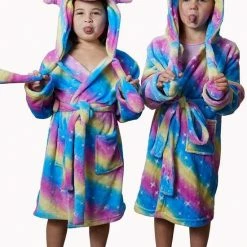 Badrock Unicorn Kinderbadjas – Badjas Kind Unicorn – Kinderbadjas Regenboog Kleuren – Meisjes Badjas Met Oortjes – Kinderbadjas Meiden – Kinderbadjas Meisjes – Fleece Kinderbadjas Vrolijke Kleuren – Kinderbadjas Capuchon – L (134-140)